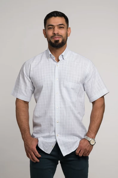 Geniş Ve Rahat (Bol) Kesim Cepli Hafif Ekoseli Yaka Düğmeli Klasik Kısa Kol Gömlek - Resim 3