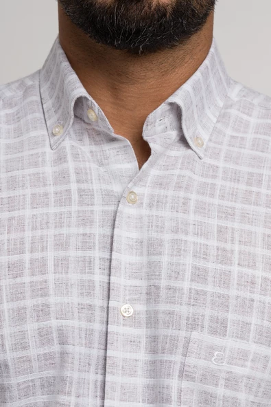 Geniş Ve Rahat (Bol) Kesim Cepli Hafif Ekoseli Yaka Düğmeli Klasik Kısa Kol Gömlek - Resim 9