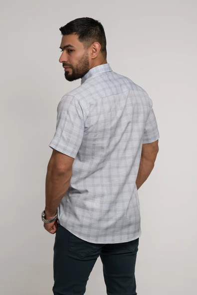 Bican Geniş Ve Rahat (Bol) Kesim Cepli Ekoseli Yaka Düğmeli Klasik Kısa Kol Gömlek - Resim 8