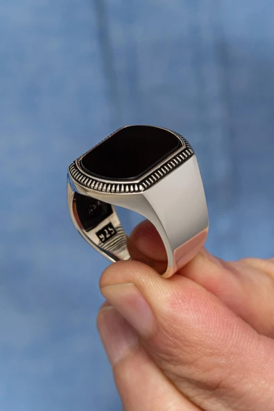 Siyah Oniks Taşlı 925 Gümüş Erkek Yüzük - Resim 5