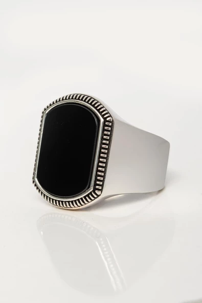 Siyah Oniks Taşlı 925 Gümüş Erkek Yüzük - Resim 7