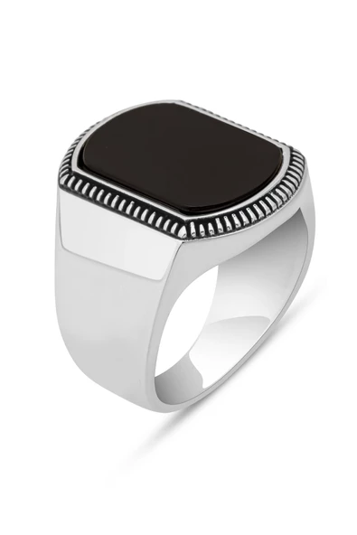 Siyah Oniks Taşlı 925 Gümüş Erkek Yüzük - Resim 2