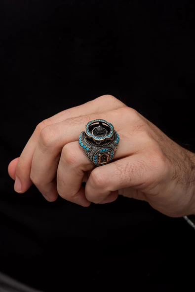 Kubbetül Sahra Mescidi Aksa Motifli 925 Gümüş Erkek Yüzük - Resim 4