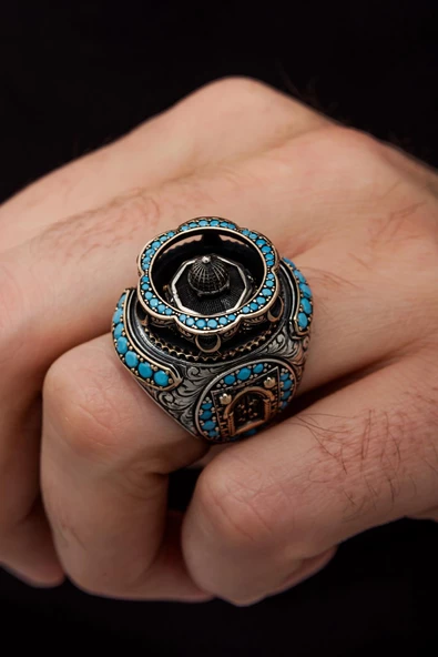 Kubbetül Sahra Mescidi Aksa Motifli 925 Gümüş Erkek Yüzük - Resim 9