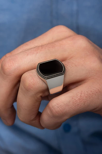 Siyah Oniks Taşlı 925 Gümüş Erkek Yüzük - Resim 3