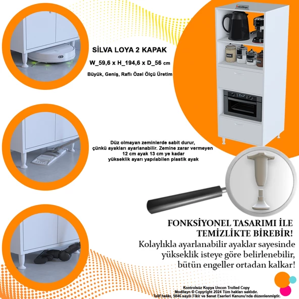Modilayn SİLVA LOYA 59,6 x 194,6 x 56 cm 2 Kapaklı Ankastre Fırın ve Mutfak Dolabı - 5