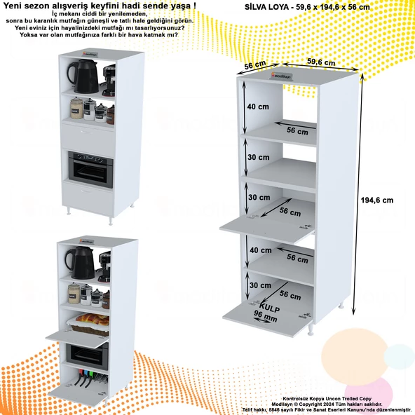Modilayn SİLVA LOYA 59,6 x 194,6 x 56 cm 2 Kapaklı Ankastre Fırın ve Mutfak Dolabı - 4