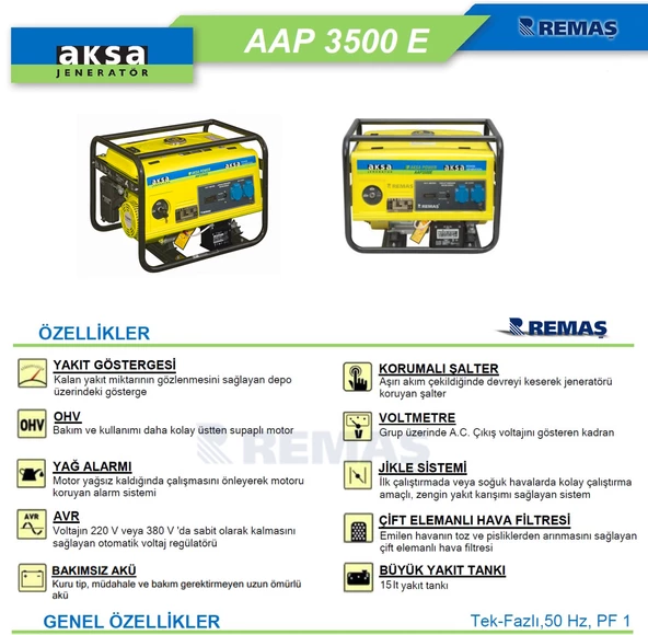 Aksa AAP 3500 E Marşlı 3.5 kVA Monofaze Benzinli Jeneratör - 2