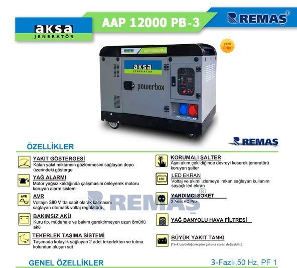 Aksa AAP 12000 PB-3 Trifaze Marşlı 12 kVA Kabinli Dizel Jeneratör - 2