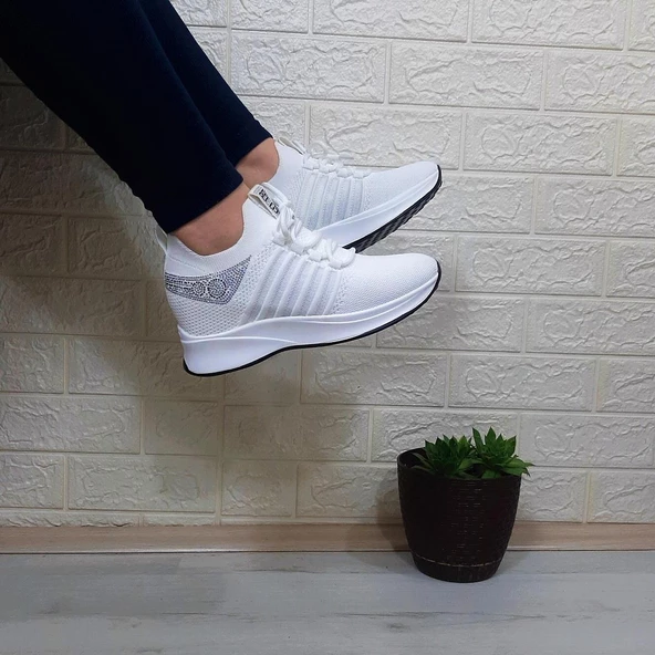 M.P 1669 Beyaz İçten Gizli Topuk (7cm) Taşlı Bayan Spor Ayakkabı - Resim 4