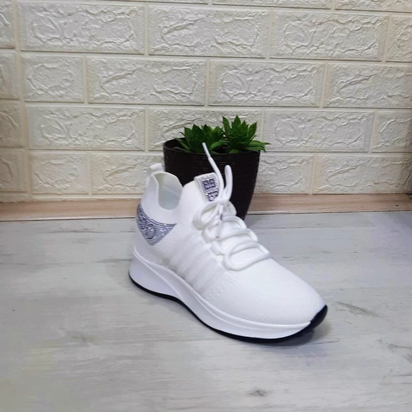 M.P 1669 Beyaz İçten Gizli Topuk (7cm) Taşlı Bayan Spor Ayakkabı - Resim 9