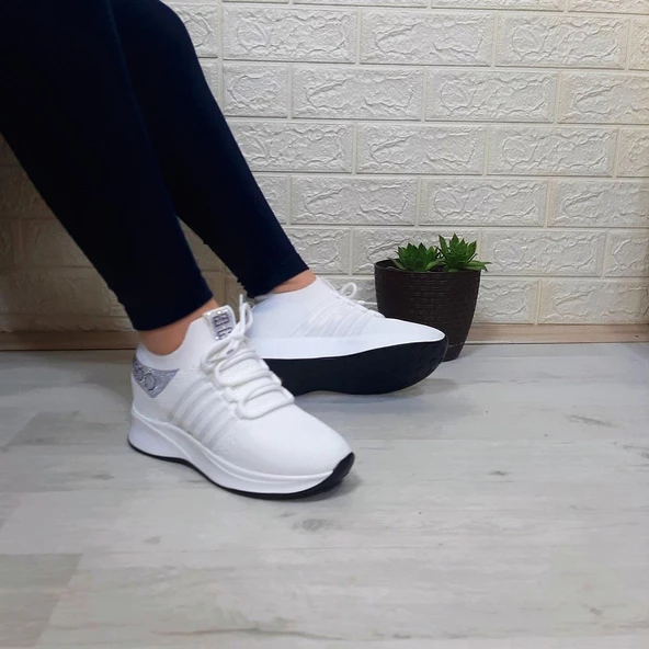 M.P 1669 Beyaz İçten Gizli Topuk (7cm) Taşlı Bayan Spor Ayakkabı - Resim 3