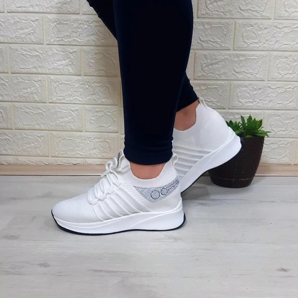 M.P 1669 Beyaz İçten Gizli Topuk (7cm) Taşlı Bayan Spor Ayakkabı - Resim 6