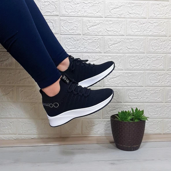 M.P 1669 Siyah İçten Gizli Topuk (7cm) Taşlı Bayan Spor Ayakkabı - Resim 5