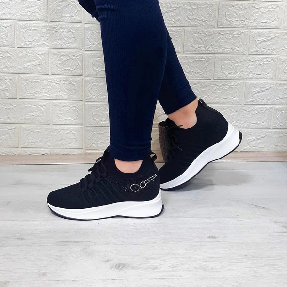 M.P 1669 Siyah İçten Gizli Topuk (7cm) Taşlı Bayan Spor Ayakkabı - Resim 7