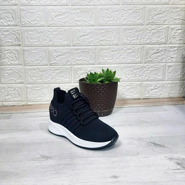 M.P 1669 Siyah İçten Gizli Topuk (7cm) Taşlı Bayan Spor Ayakkabı - Resim 10