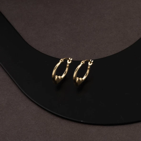 Orta Boy 14 Ayar Altın Kalp Halka Küpe - Resim 4