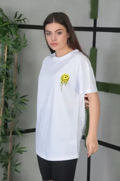 Unisex Bisiklet Yaka Baskılı Oversize T-Shirt - Beyaz - 2