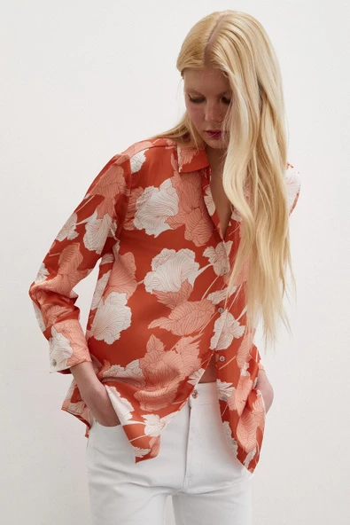 V Yaka Saten Gömlek Kiremit - Resim 6