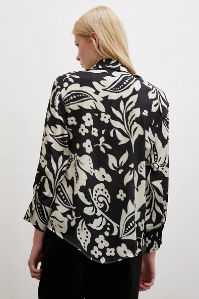 Çiçek Desenli Saten Gömlek Siyah - Resim 4