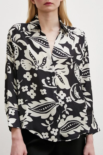 Çiçek Desenli Saten Gömlek Siyah - Resim 2