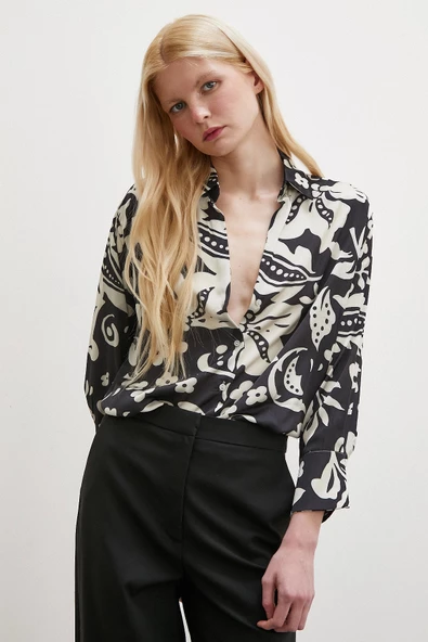 Çiçek Desenli Saten Gömlek Siyah - Resim 5