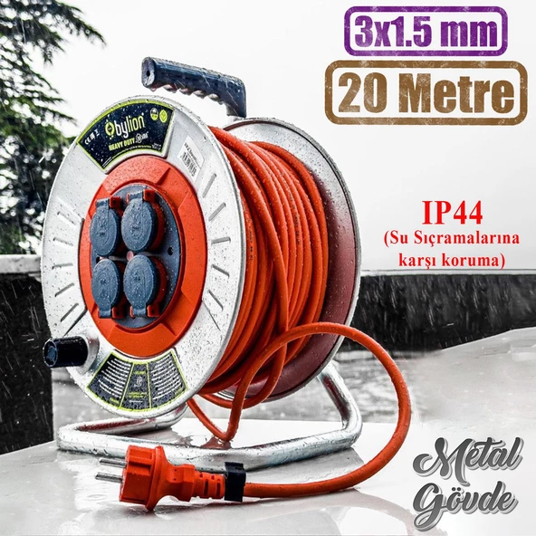 Makaralı Seyyar Kablo Kapaklı 4 Prizli Metal Uzatma Kablosu 3x1.5 mm TTR Kablo 20 Metre