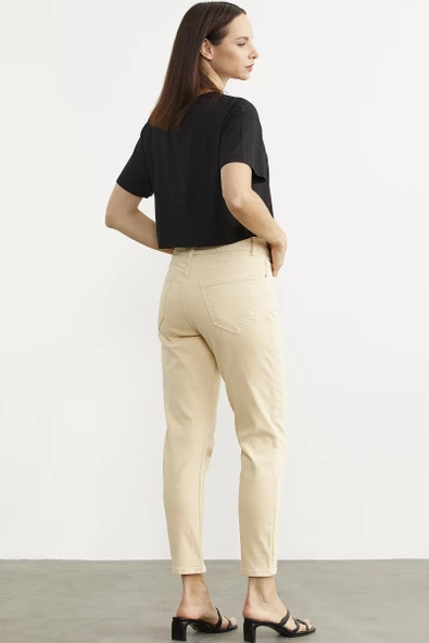 Likralı Fit Mom Jean - Bej - 6