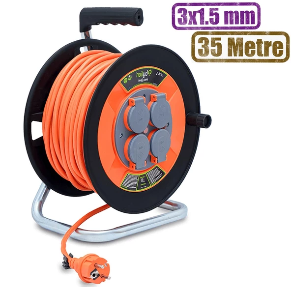 Makaralı Seyyar Kablo Kapaklı 4 Prizli Plastik Uzatma Kablosu 3x1.5 mm TTR Kablo 35 Metre
