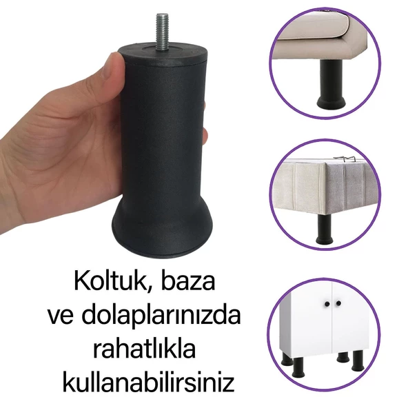 Metal Destek Ayağı 12 Cm Siyah Mobilya Kanepe Baza Koltuk Ünite Ayakları Metrik 8 Civatalı İnce Diş - Resim 2