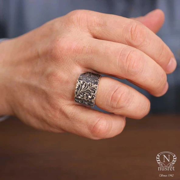 Dikdörtgen El Kalemli 925 Ayar Gümüş Erkek Yüzük - Resim 5