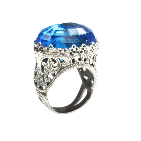 925 Ayar Gümüş Mavi Sentetik Safir Taşlı Yüzük - Resim 5