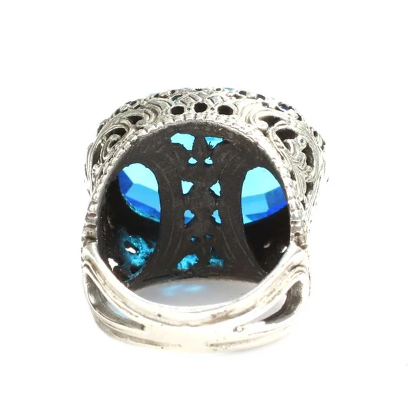 925 Ayar Gümüş Mavi Sentetik Safir Taşlı Yüzük - Resim 4