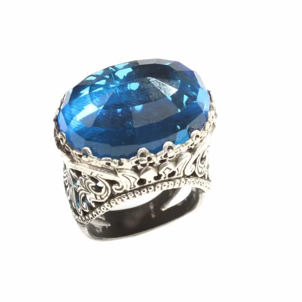 925 Ayar Gümüş Mavi Sentetik Safir Taşlı Yüzük - Resim 7