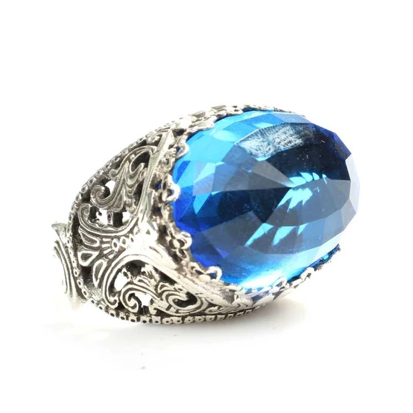 925 Ayar Gümüş Mavi Sentetik Safir Taşlı Yüzük - Resim 2