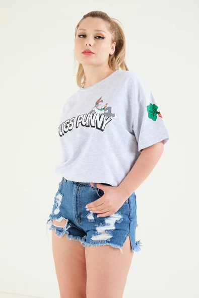 Kadın Baskılı Oversize T-Shirt Gri