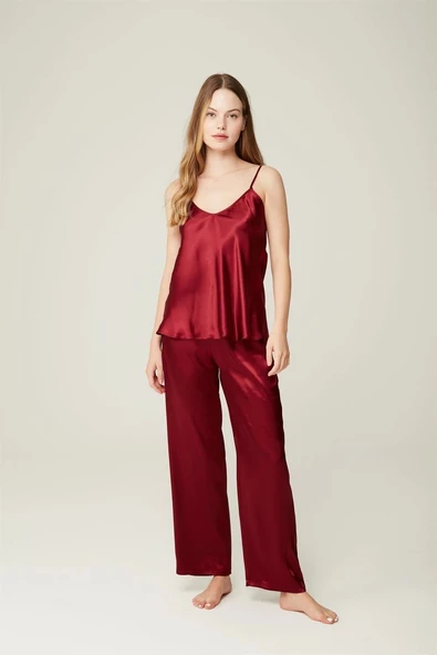 Saten Büstiyer Pantolon Jennifer 2'li Set Bordo