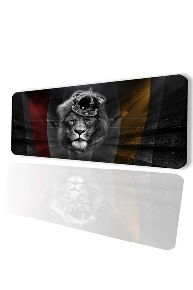 SonicTouch Aslan Kral Temalı Sarı Kırmızı Kaymaz Gaming Oyuncu Masaüstü Dikişsiz Siyah Klavye Mouse Pad 32x70Cm