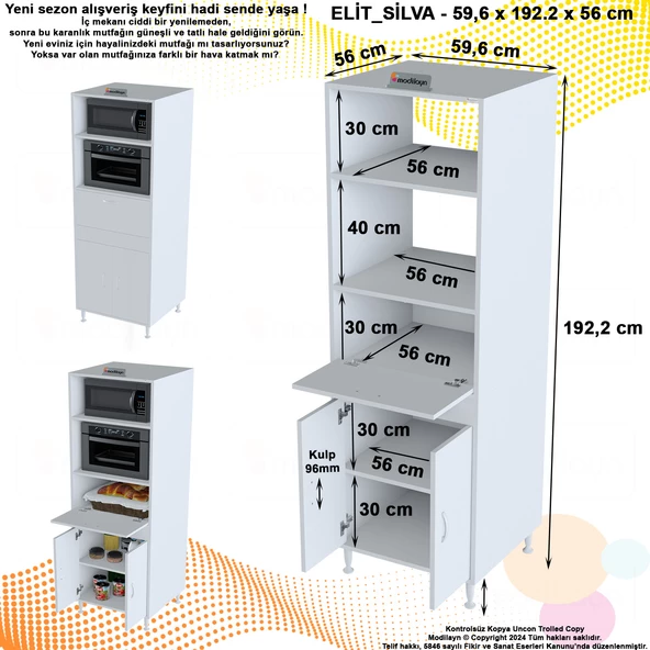 Modilayn ELİT SİLVA 59,6 x 192,2 x 56 cm 3 Kapaklı Ankastre Fırın ve Mutfak Dolabı - 4