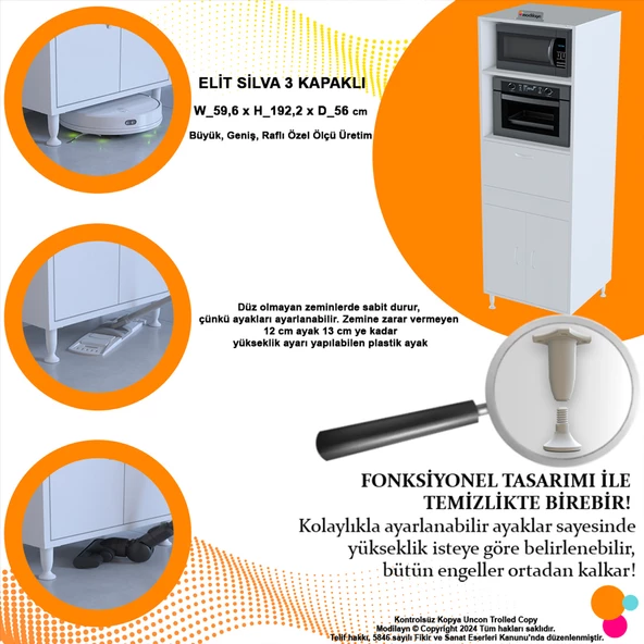 Modilayn ELİT SİLVA 59,6 x 192,2 x 56 cm 3 Kapaklı Ankastre Fırın ve Mutfak Dolabı - 6
