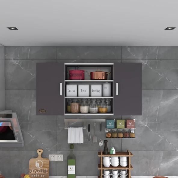 Kenzlife hazır mutfak honnor32 gri 060*120*32 mutfak banyo dolabı kapaklı raflı - Resim 3