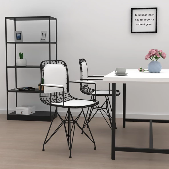 Knsz kafes tel sandalyesi 1 li mazlum syhbyz kolçaklı sırt minderli ofis cafe bahçe mutfak - Resim 3