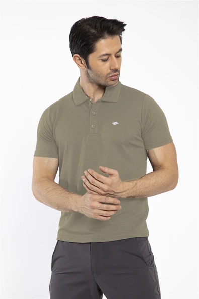 Waffle - Erkek Haki Polo Yaka Spor T-shirt - 7129-04