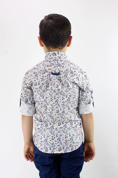 Erkek Çocuk Katlanır Kollu Çiçekli Slim Fit Gömlek - 3