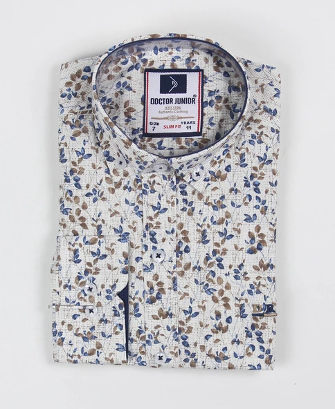 Erkek Çocuk Katlanır Kollu Çiçekli Slim Fit Gömlek - 4