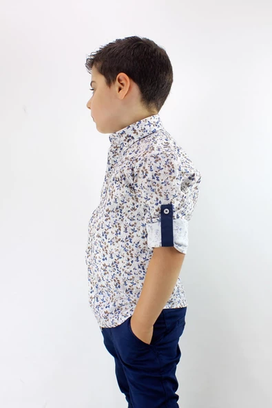 Erkek Çocuk Katlanır Kollu Çiçekli Slim Fit Gömlek - 2