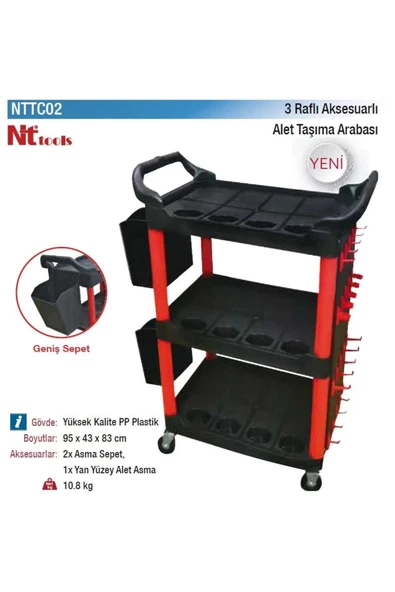Nt Tools 3 Raflı Alet Taşıma Arabası Aksesuarlı Yüksek Kalite Pp Plastik Nttc02 95x43x83 Cm. - 2