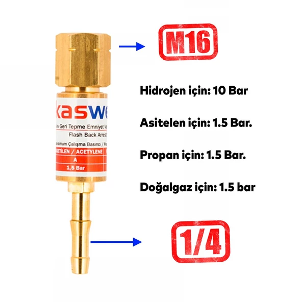 Kasweld Alev Geri Tepme Valfi Oksijen Kaynak 3005 A Gaz Asitelen Tüp Hamlaç Regülatör Lülesi M16 mm - 5