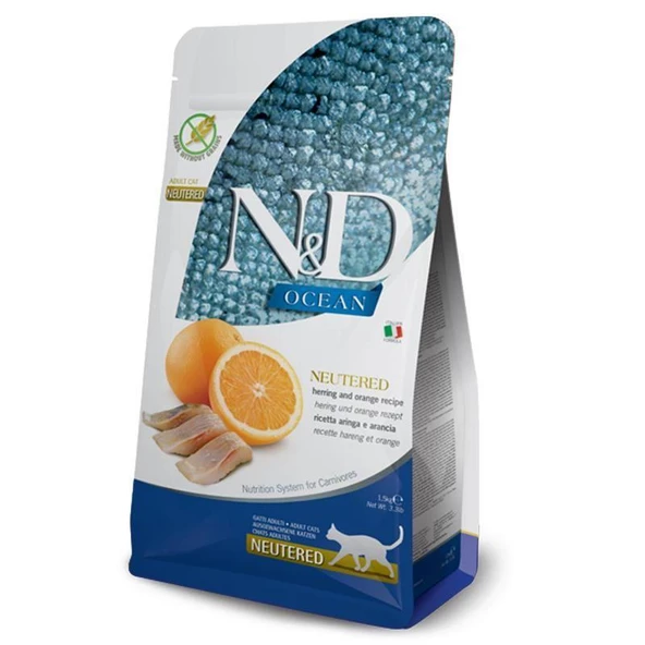N&D Ocean Ringa Balığı ve Portakallı Tahılsız Kısırlaştırılmış Yetişkin Kedi Maması 5 KG