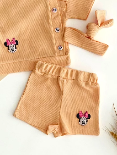Naffa Baby Petek Kumaş Minnie Kabartma Desen Saç Bantlı Yazlık Takım Somon - 3
